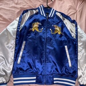 Blue Satin Jacket with Tiger Embroidery